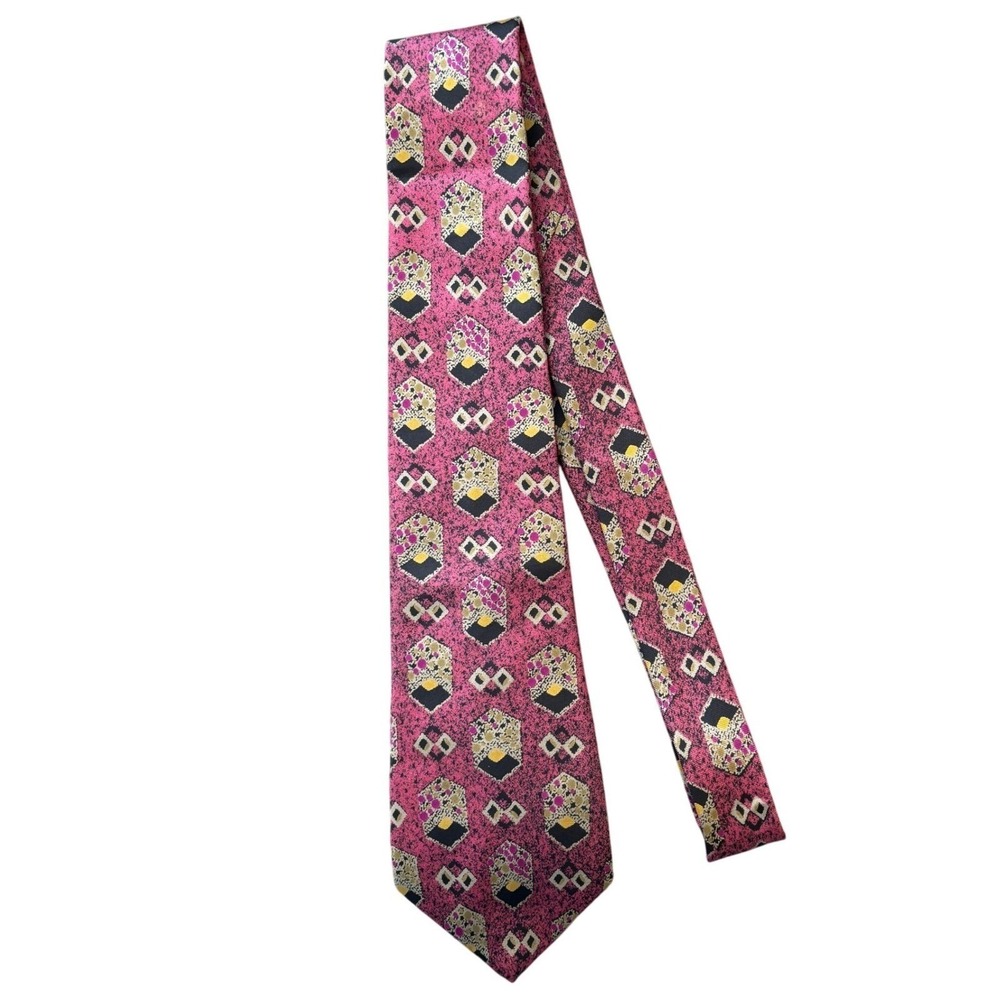 Italian All Silk Hand Made Men Neck Tie Geometric Pattern Pink Yellow Black